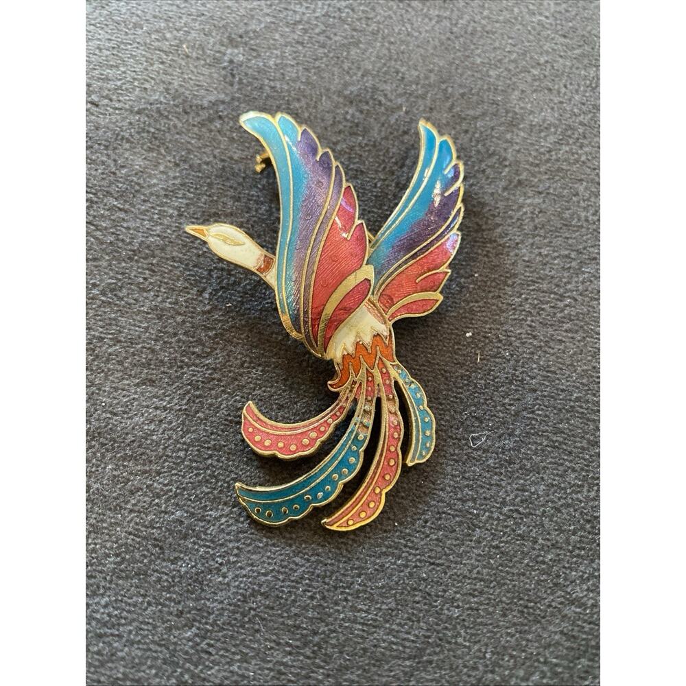 Vintage Enamel Peacock Brooch Bird in Flight Gold Tone 2.5 inch Colorful Pin